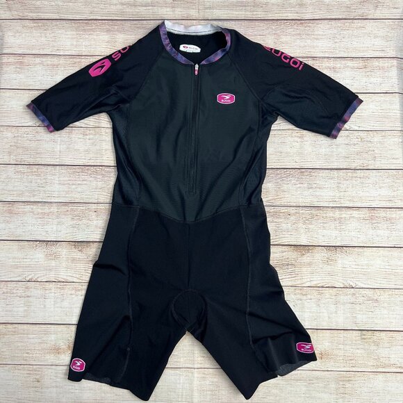 Sugoi Womens Cycling Tri Suit Large Black Pink One Piece Triathlon Padded Shorts - Picture 1 of 16